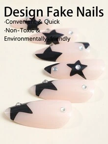 24PCS Short Almond Press On Nail Novelty  Black Stars And Rhinestone Decor  Y2K Fake Nail For Women And Girls - Multicolor - View 4