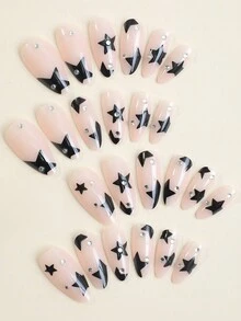 24PCS Short Almond Press On Nail Novelty  Black Stars And Rhinestone Decor  Y2K Fake Nail For Women And Girls - Multicolor - View 3