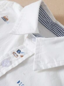 Young Boy Collared Excavator Printed Long Sleeve Shirt, Spring