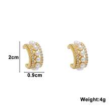 1pair New Pearl C-Shaped Stud Earrings For Women Multi-Layers Gold Color Metal Small Earrings Full Rhinestone Chic Lovely Ear Decor - Gold - View 3
