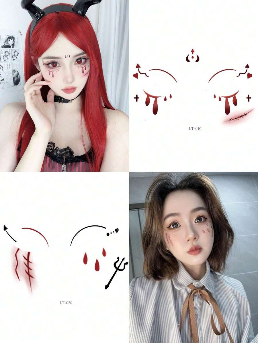 2 件裝角色扮演萬聖節臉部和身體貼紙紋身防水和逼真化妝裝飾貼紙適合音樂節、狂歡、音樂會 - 彩色 - 查看 1