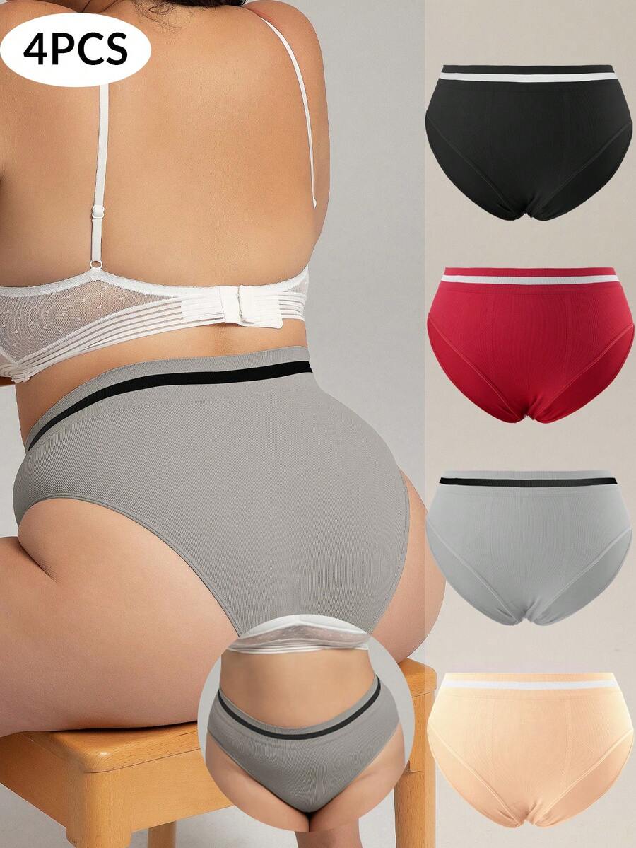 4pcs Plus Size Women's Striped High Waist Seamless Elastic Triangle Panties - Multicolor - View 1