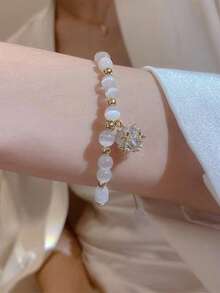 1件銅鍍漂亮貓眼石水晶珠串手鍊 - 金黃色 - 查看 2