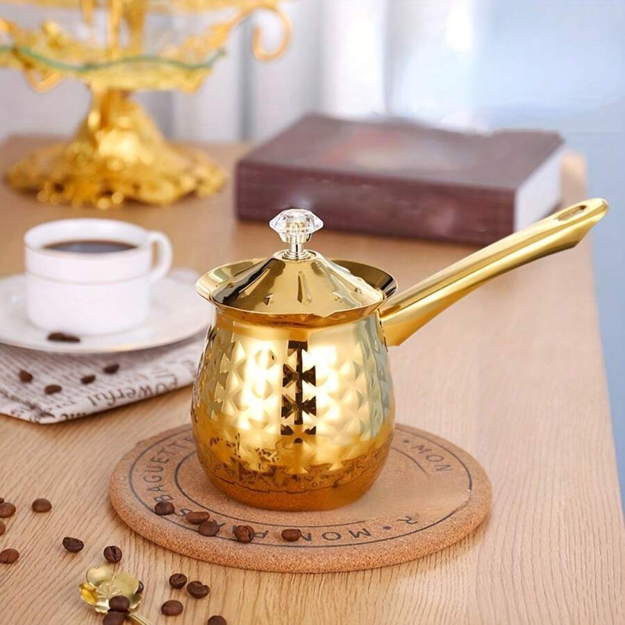1个土耳其/希腊/阿拉伯咖啡壶，不锈钢炉灶咖啡机，锤纹手柄咖啡壶，带壶嘴，牛奶保温器，牛奶壶，黄油融化器，咖啡机配件，咖啡吧用品，学习用品，返校季 - 金色 - 查看 1