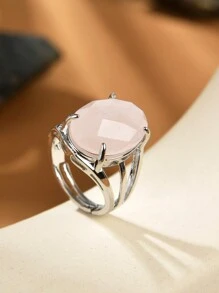 1只天然水晶/礦石石頭卵形切面開口戒指,適用於女性
