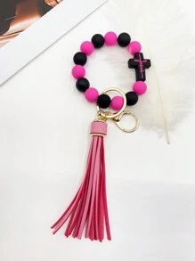 1 件十字形串珠矽膠手鍊鑰匙圈帶流蘇作為鑰匙圈或包飾送給父親、母親、朋友作為禮物 - 粉紅黑色 - 查看 13