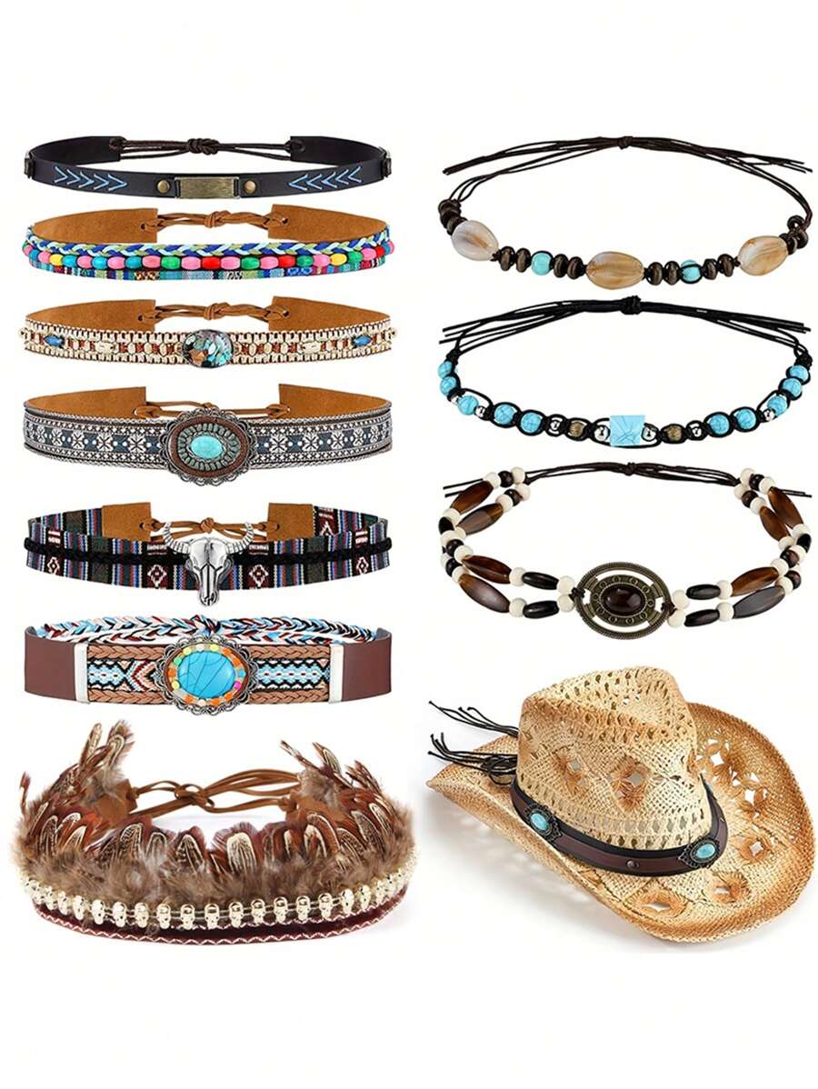 1pc Turquoise Beads Hat Band Cowboy Boho Decor Hat Accessories Hatband Western Hat Belts Tassel Shell Decor Straw Hat Belts Hat Bands For Fedora Halloween - Multicolor - View 1