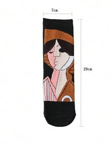 4pairs Women's Fashionable Artistic Abstract Face Patterned Mid-Calf Socks, Moisture-Wicking And Breathable - Multicolor - View 7