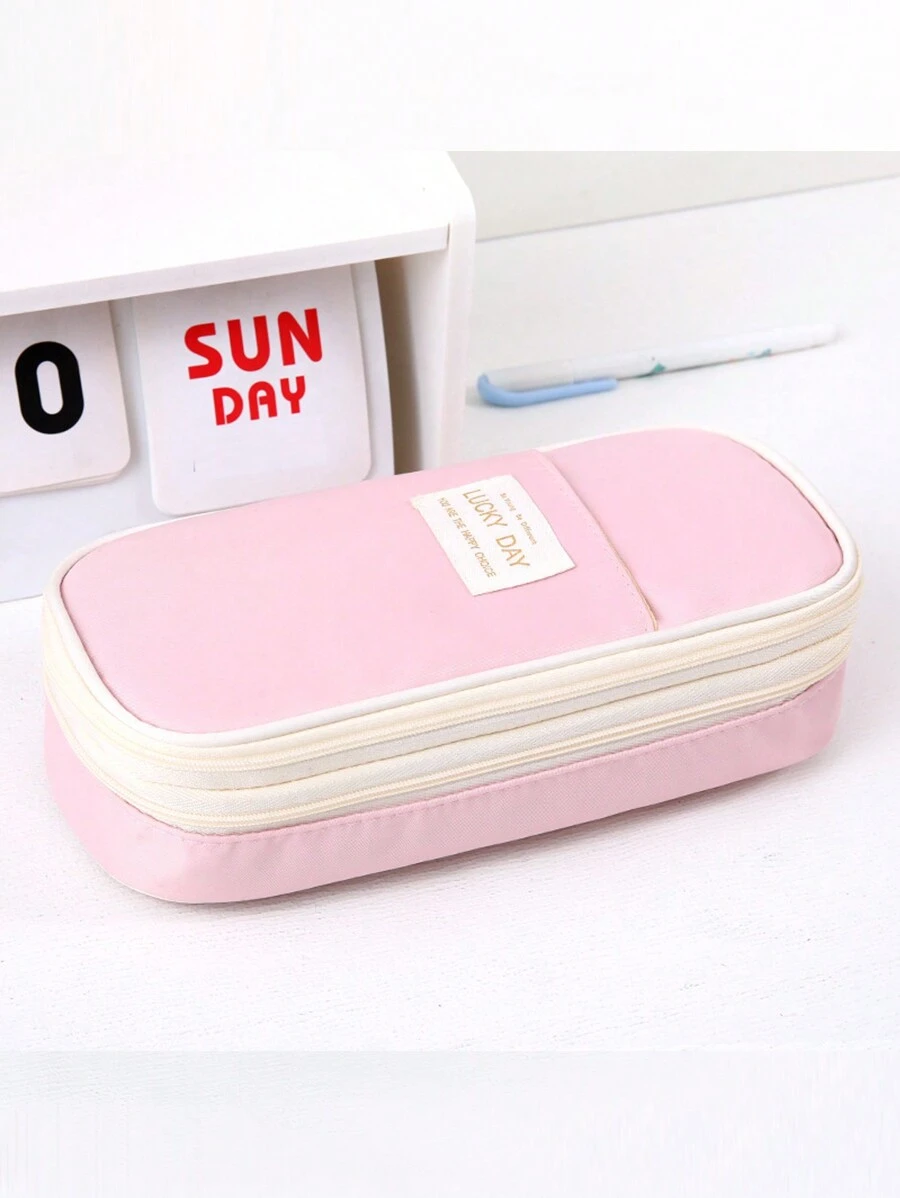 1pc Minimalist Design Pencil Case With Large Capacity And Inside Mesh Pocket, Stationery Box Marcaron Pattern Pen Holder, Back To School Supplies Gift For Elementary School And High School Students - Pink - View 1