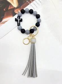 1pc Cross Shape Silicone Beaded Bracelet With Tassel Keychain, For Car Key, Bag, Father, Mother, Friends' Gifts - Pink - View 3