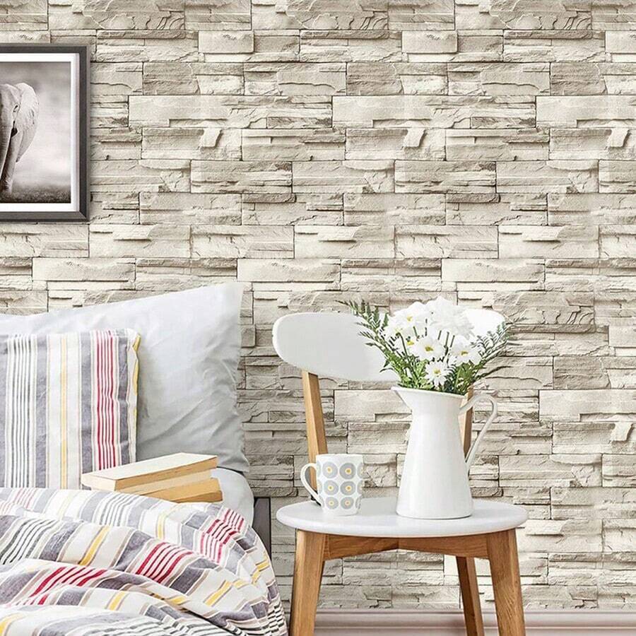 1卷45*300cm自粘pvc磚牆紙,仿老式磚塊圖案紙,適用於電視背景客廳臥室學習自粘貼紙 - 灰色 - 查看 1