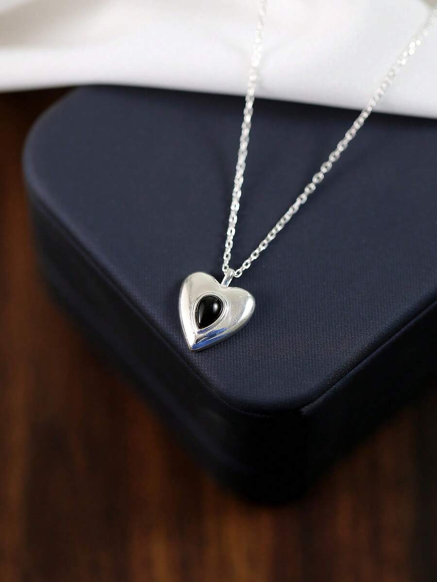 S925純銀黑色瑪瑙心形頸鍊女款,韓式設計,細緻經典心型吊墜鎖骨鍊 - 項鍊 - 查看 1