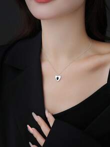 S925純銀黑色瑪瑙心形頸鍊女款,韓式設計,細緻經典心型吊墜鎖骨鍊 - 項鍊 - 查看 2