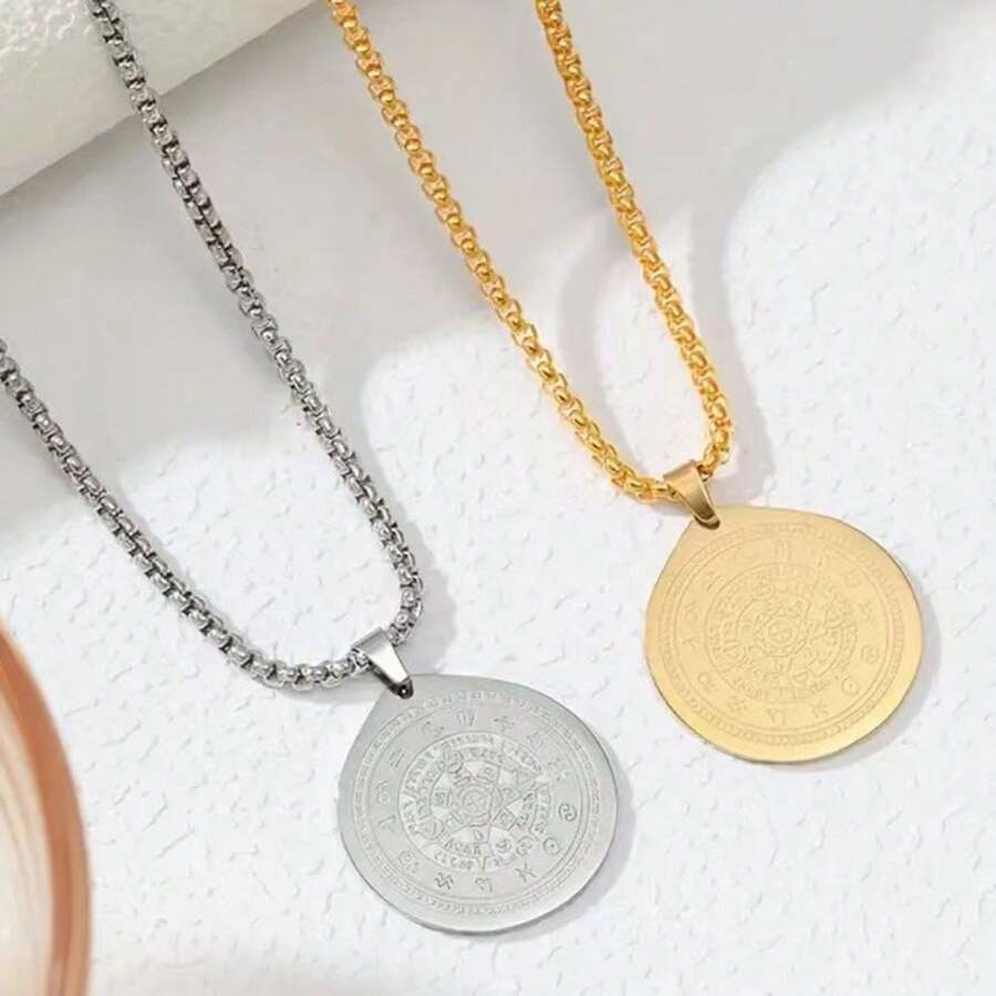 男款新款不鏽鋼圓形吊墜項鍊,時尚個性化,適合生日、派對或情人節驚喜禮物 - 銀色 - 查看 1