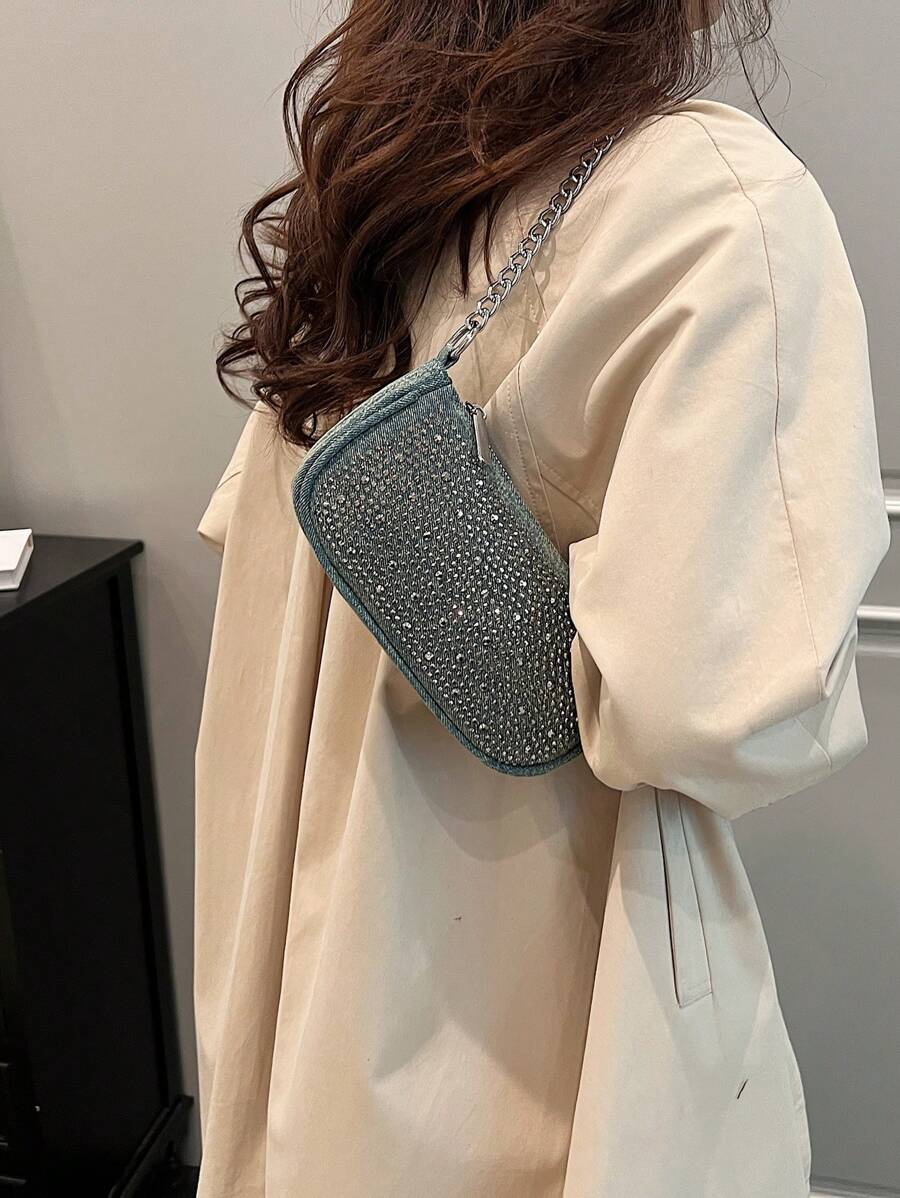 1個通勤包鉚釘袋子肩袋攜帶式,適用於秋冬節日工作學校時尚鉚釘裝飾牛仔材料,適用於大學生女人少女辦公室工作者愛人送禮使用 - 綠色 - 查看 1