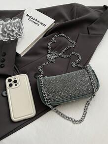 1個通勤包鉚釘袋子肩袋攜帶式,適用於秋冬節日工作學校時尚鉚釘裝飾牛仔材料,適用於大學生女人少女辦公室工作者愛人送禮使用 - 綠色 - 查看 2