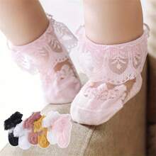 1對嬰兒女孩蕾絲飾邊薄透襪子，適用於派對和聚會 - 粉色 - 查看 1