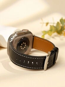 2pcs Grain Style Quick Release Soft Leather Watch Bands With White Thread Compatible With Apple Watch Ultra/Se/8/7/6/5/4/3/2/1, Compatible With 38/40/41/42/44/45/49mm - Black - View 6