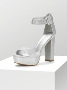 Women High Heel Chunky Block Platform Heels Buckle Decor Ankle Strap Open Toe Chunky Heeled Sandals, Perfect For Autumn Party, Wedding, Prom Night - 銀色 - 查看 4