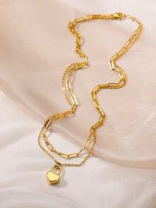 1入新潮流雙層鏈條情人節禮物,愛心掛墜項鍊,不鏽鋼毛衣鍊,時尚珠寶 - 金黃色 - 查看 11