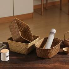 1入手工編織天然海草收納籃,適用於任何季節的野餐、節日、花園、庭院、客廳、廚房、臥室、衣櫃、浴室、化妝品組織 - 咖啡棕 - 查看 7