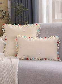 1pc Flannel Plaid Pom Pom Pillowcase - Multicolor - View 1