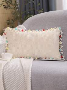 1pc Flannel Plaid Pom Pom Pillowcase - Multicolor - View 5