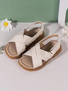1pair Girls' White Sandals With Crisscross Straps And Open Toe Design, Perfect For Summer - Beige - View 5