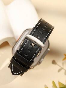 2pcs Grain Style Quick Release Soft Leather Watch Bands With White Thread Compatible With Apple Watch Ultra/Se/8/7/6/5/4/3/2/1, Compatible With 38/40/41/42/44/45/49mm - Black - View 5