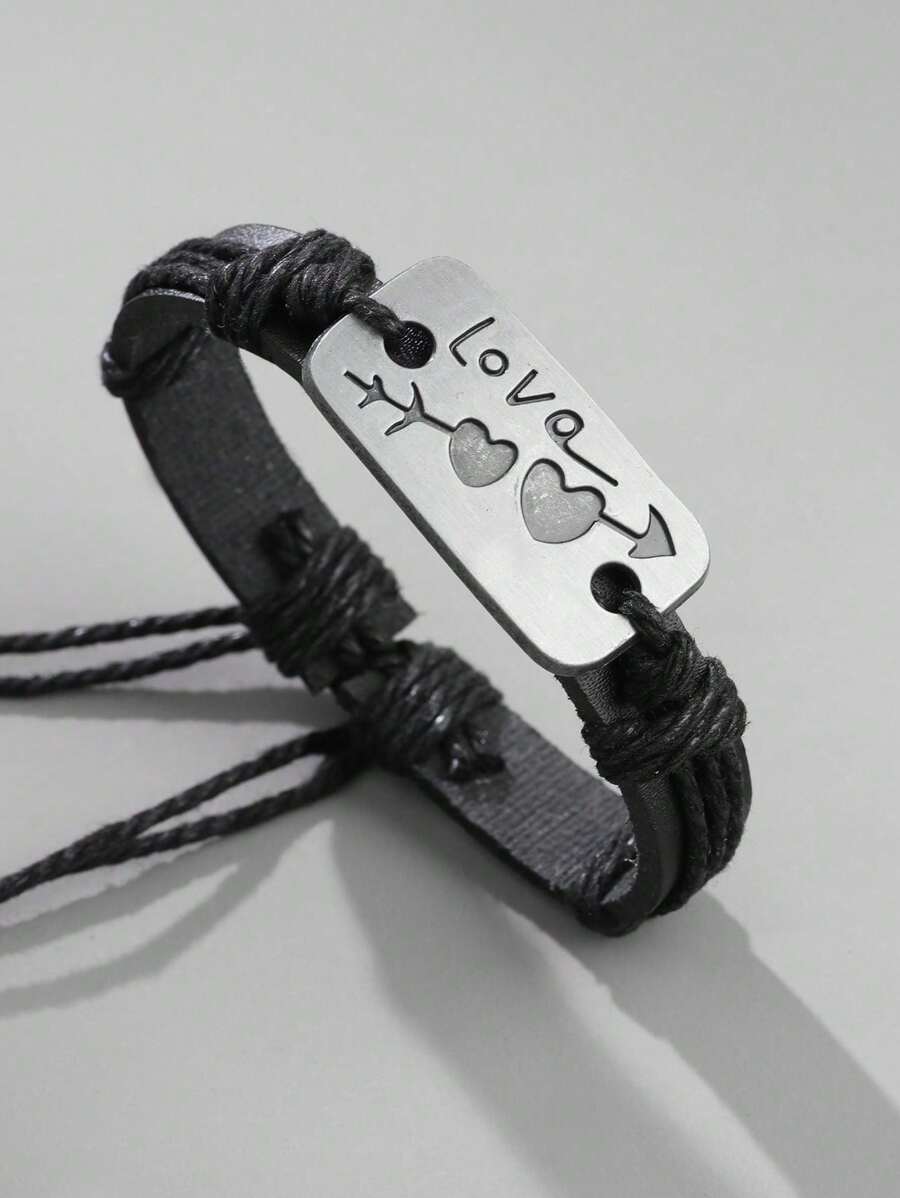 1 件男士時尚簡約 Pu 皮革箭頭心型編織可調式手鍊 - 黑色 - 查看 1