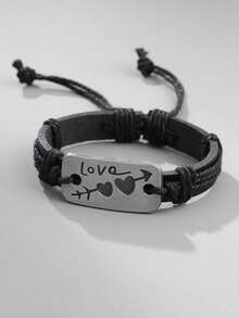 1 件男士時尚簡約 Pu 皮革箭頭心型編織可調式手鍊 - 黑色 - 查看 2