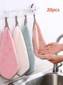 20pcs Hangable Coral Fleece Dish Cloth, Kitchen Household Absorbent Dish Towel, Scouring Rag, Hand Wipe Towel, Cleaning Cloth For Small Business Owners/Retailers,Kitchen,Bathroom,Home,Household Suppliers