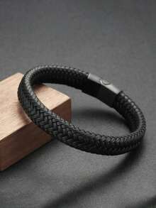 1pc, Fashion Men's Vintage Leather Woven Rope Titanium Steel Handwear, Exhibition Event Engraved Stainless Steel Bracelet, Bracelet Packs, Birthday Gifts, Holiday Gifts, Father's Day Gifts, Party Favors - Black - View 4