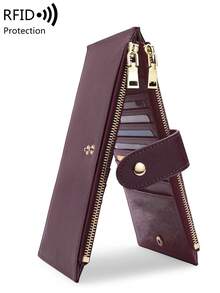 MIYIN 时尚简约长款拉链钱包多功能卡夹 PU 皮革零钱包纯色女士钱包 RFID 屏蔽双折多卡包钱包带拉链口袋带卡槽 ID 窗口适合日常 - 中紫紅色 - 查看 2