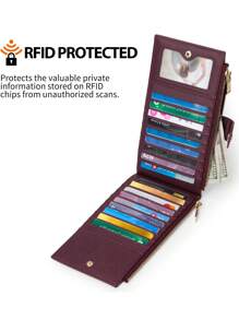 MIYIN 时尚简约长款拉链钱包多功能卡夹 PU 皮革零钱包纯色女士钱包 RFID 屏蔽双折多卡包钱包带拉链口袋带卡槽 ID 窗口适合日常 - 中紫紅色 - 查看 5