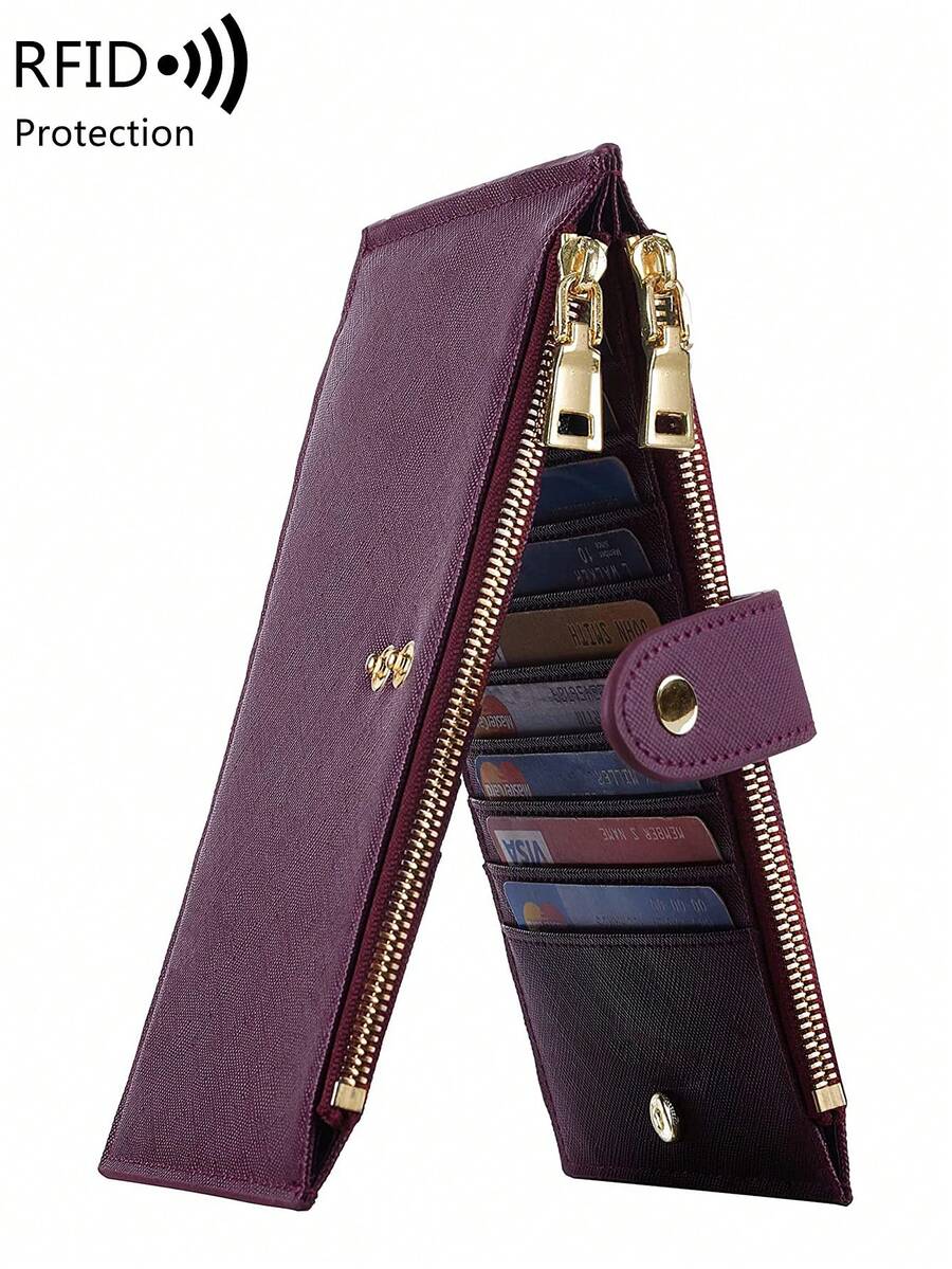 MIYIN 时尚简约长款拉链钱包多功能卡夹 PU 皮革零钱包纯色女士钱包 RFID 屏蔽双折多卡包钱包带拉链口袋带卡槽 ID 窗口适合日常 - 中紫紅色 - 查看 1