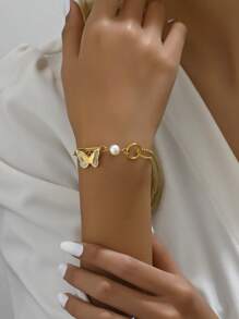 1 件时尚不对称白色珠子和蝴蝶设计不锈钢手链，适合女士，嘻哈风格，高端，多功能 - 金黃色 - 查看 7