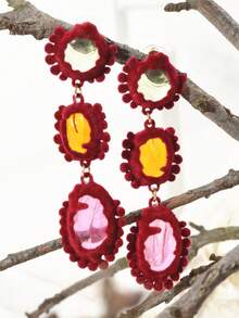 1對復古風格時尚絨綴幾何腕表設計女款壓克力吊墜耳環,適用於日常&節日穿著 - 酒紅色 - 查看 4