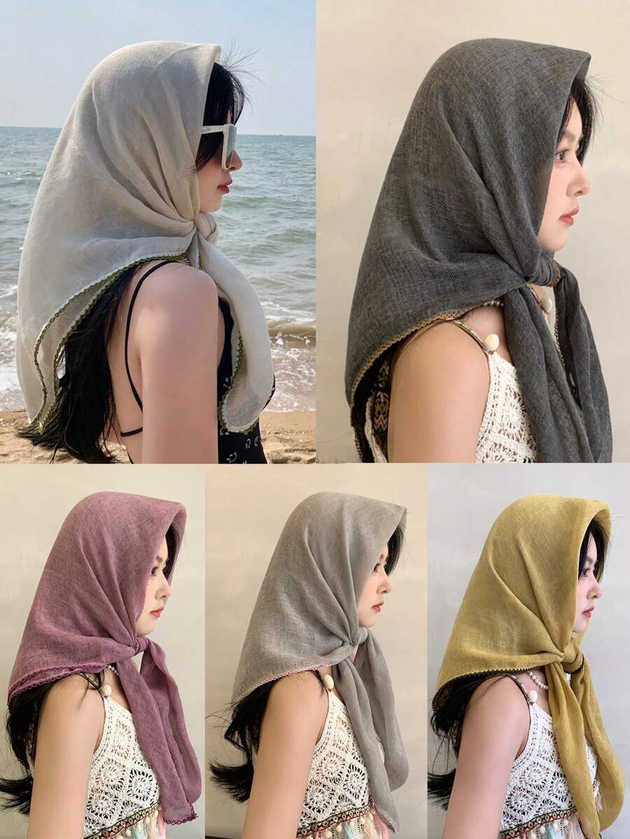 1pc Solid Color Stitching Design Square Scarf, Lightweight Style, For Daily Use As Shawl, Headscarf Accessory, Gift For Friends/Family Casual Headband Soft Hijab For Abaya - Monochrome - View 1