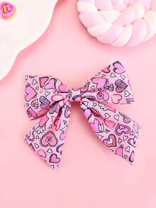 1入粉色心形印花蝴蝶結髮夾,適用於兒童 - 彩色 - 查看 1
