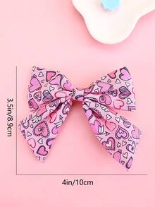 1入粉色心形印花蝴蝶結髮夾,適用於兒童 - 彩色 - 查看 4