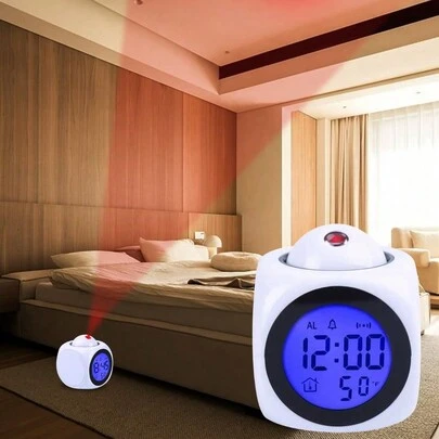 1个现代简约多功能LED投影时钟，带定时器、投影闹钟、温度显示和语音播报功能，附带数据线，圣诞节主题