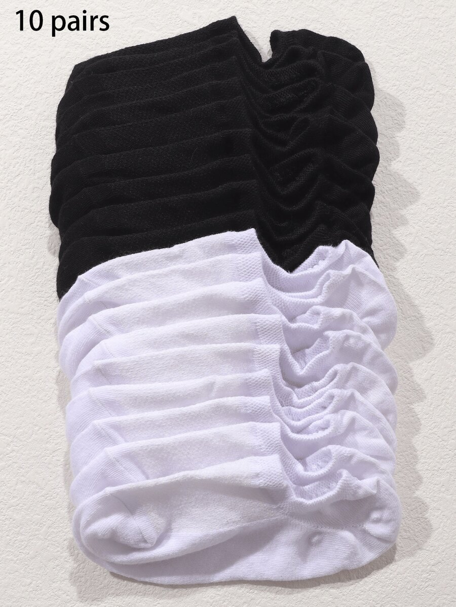 10 Paar schwarze und weiße Netz Frauen unsichtbare Socken, atmungsaktive dünne Sommerfüßlinge mit Anti-Rutsch-Noppen an der Ferse