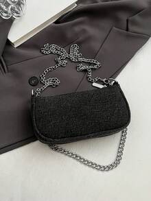 1pc Lightweight Denim Effect Shoulder Bag With Shiny Rhinestone Decor, Suitable For Banquets - Black - View 9