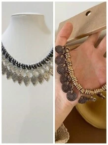 欧美时尚复古几何3d波西米亚风玻璃项链吊坠配流苏手工编织，仿古银链项链；欧美时尚波西米亚风复古夸张个性古铜色圆形吊坠项链锁骨链 - 項鍊 - 查看 10