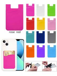1pc (Rose Red) Silicone Cell Phone Card Holder, Mobile Phone Back Sticker Card Cover, Money Pouch Case & Wallet Silicone Phone Card Holder Wallet Case Adhesive Silicone Credit Card Pocket Money Pouch Holder Case Silicone Card Sleeve Mobile Bank Card Sticker For Almost All Cell Phone - Hot Pink - View 1