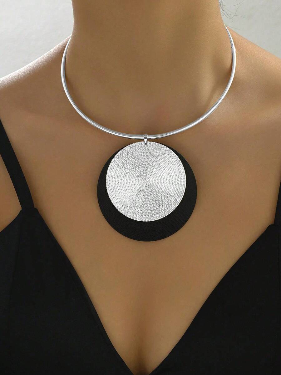 1pc Vintage Style Metal Round Disc & Teardrop Pendant Choker Necklace