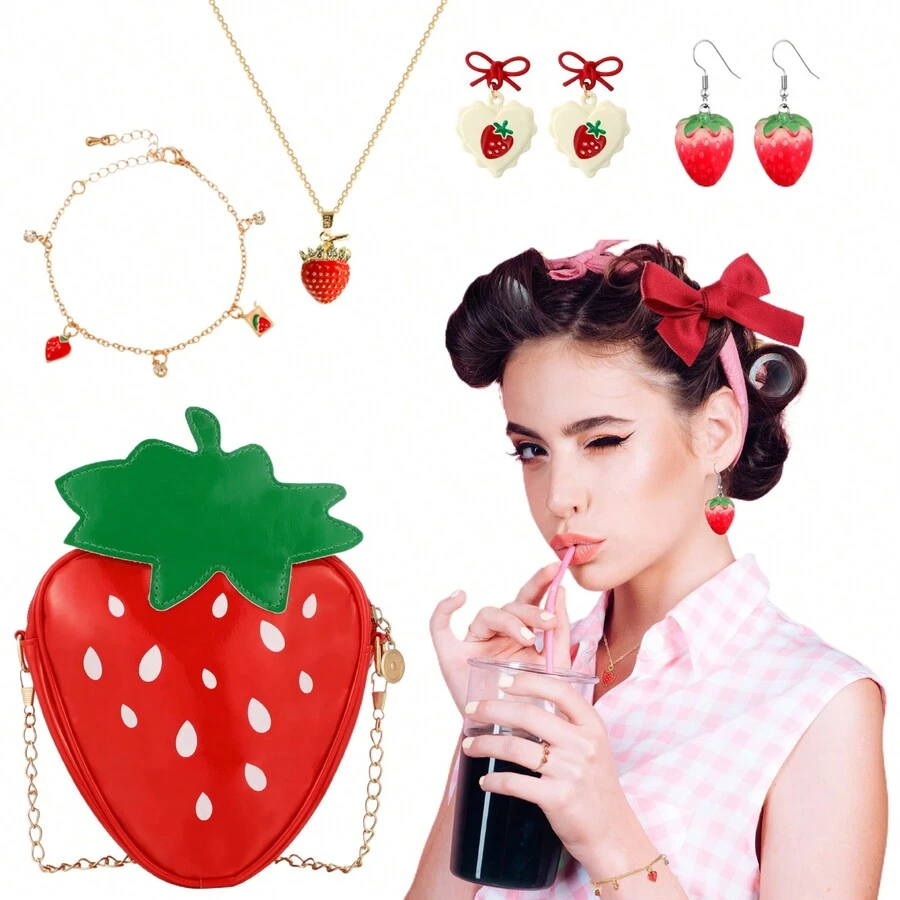 7入組水果珠寶套裝,手拿包鏈條草莓袋可愛吊墜耳環項鍊手鐲,適用於女孩的生日約會毕业典礼婚禮母親節訂婚情人節 - 彩色 - 查看 1