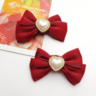 2 Piezas Pinzas Para El Cabello Para Niñas, Pinzas Para El Cabello De Caimán Con Diseño De Mariposa De Perla Sintética Y Corazón De Gasa De Color Sólido, Accesorios Para El Cabello Frescos Y Dulces Clip Lateral Para Niña Adolescente