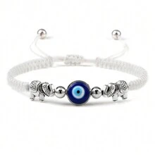 1 pieza Brazalete trenzado vintage con cuentas de ojo turco azul, hilo de nailon, dije de aleación con elefante, joya de pulsera y brazalete de pareja